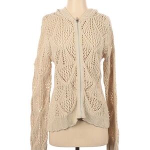 CAbi Open Knit Zipped Hooded Cardigan, Cream, Sz M